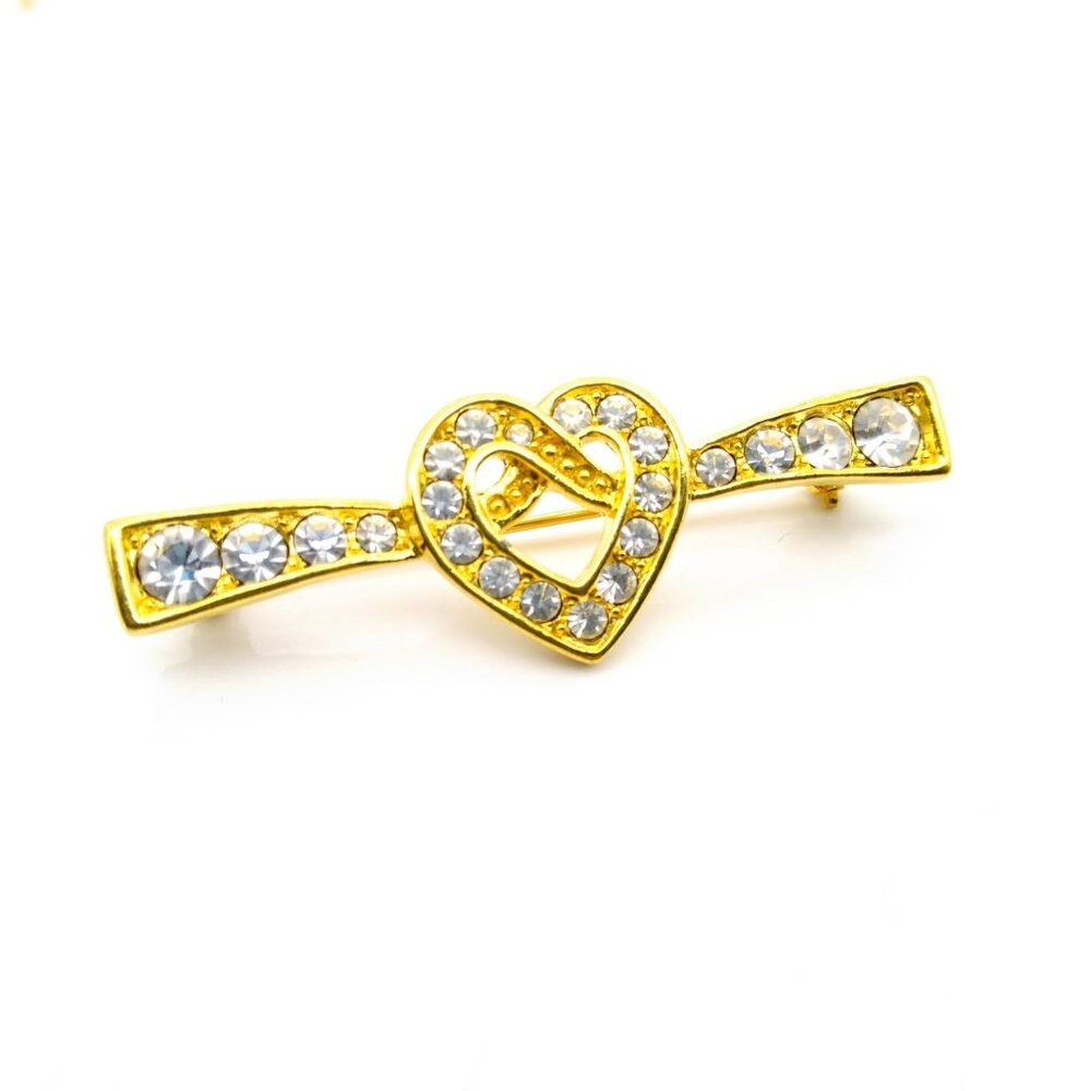 Vintage Napier Heart Bow Brooch, Elegant Bar Lapel Pin in Clear Crystals